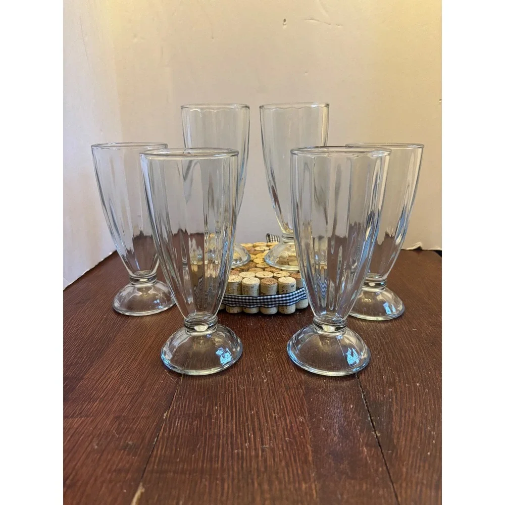 Vintage Set of 6 Paneled Glass Soda Fountain Milkshake‎ Sundae Glasses 7.5 Inch